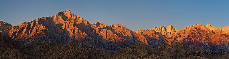 Panoramic photo of Mt. Whitney and Lone Pine Peak at sunrise