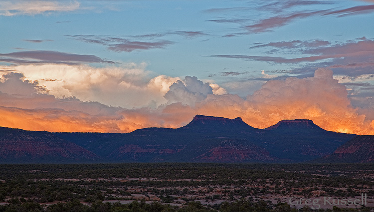 dramatic summer sunset over the Bear's Ears, Cedar Mesa Utah
