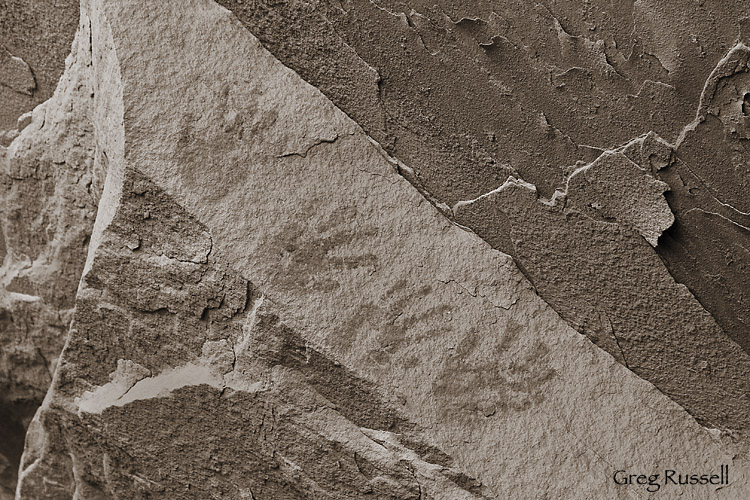 Ancestral Puebloan handprints on sandstone in southeastern Utah