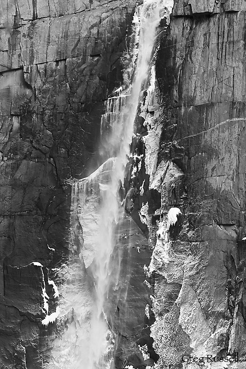 black and white detail of upper yosemite falls in winter 