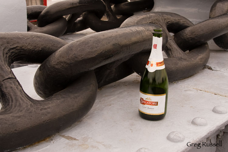 Champagne bottle and anchor chain aboard the Queen Mary