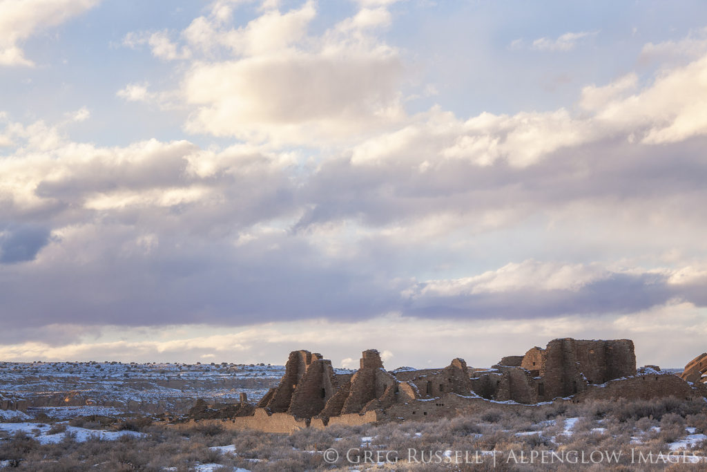 The ruins of pueblo bonito in Chaco Canyon near sunset on a winter afternoon