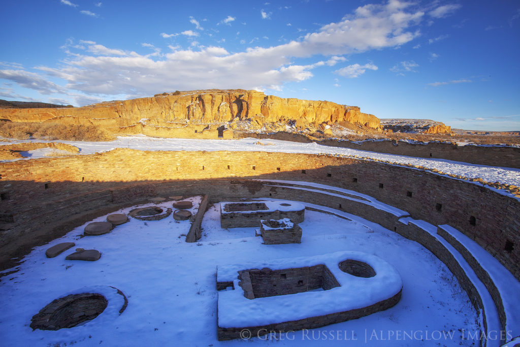 One of many ruins in Chaco Canyon, covered in snow on a winter's afternoon