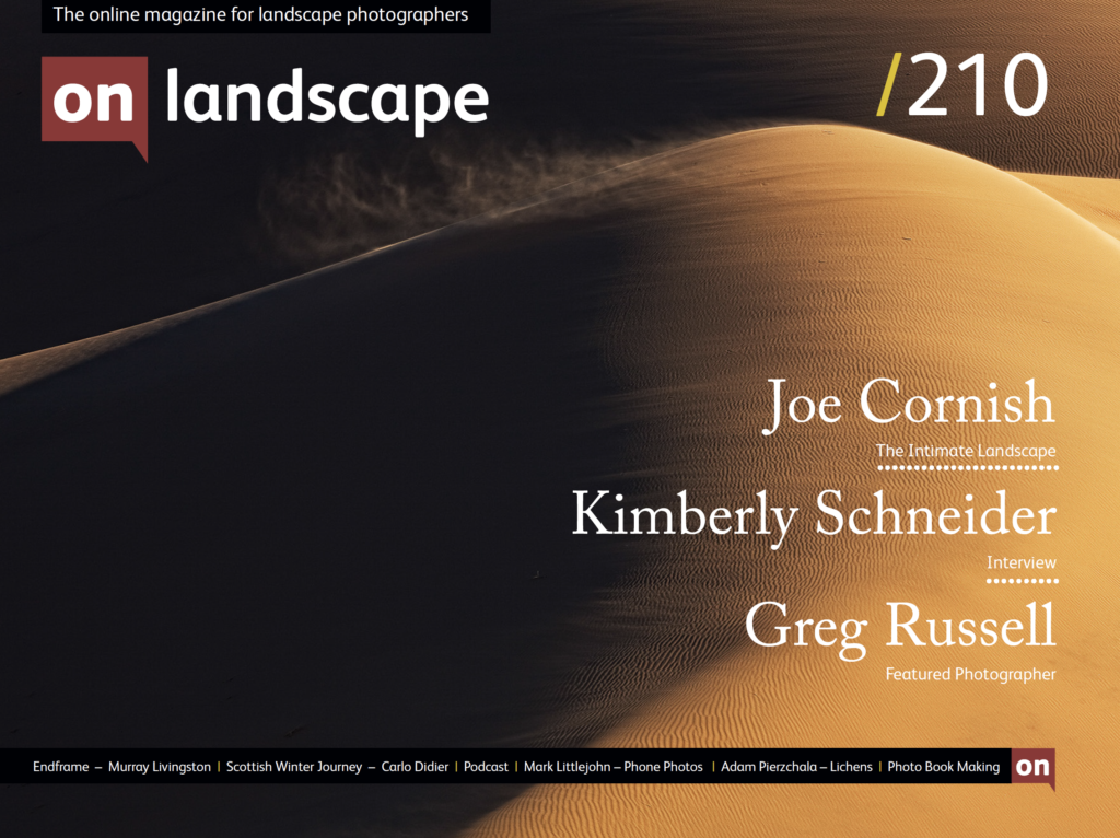 Image of the cover of On Landscape magazine, Issue 210. Cover image is a sand dune in side light.