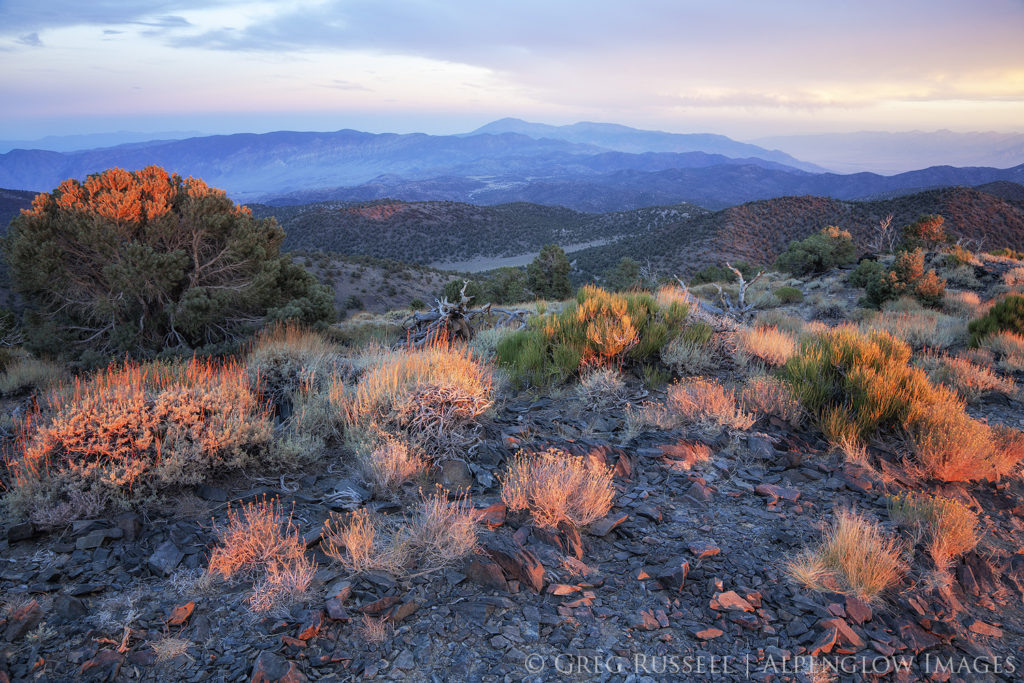 A sunset image of the White Mountains, California, looking south towards the Inyo Mountains and Sierra Nevada range.