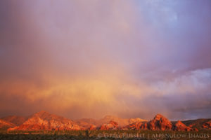 photo of a rainstorm and rock outcroppings at sunset in gold butte national monument, nevada