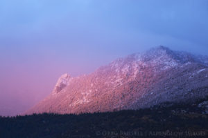 a photo of Tahquitz Rock and Peak at sunset after a winter storm