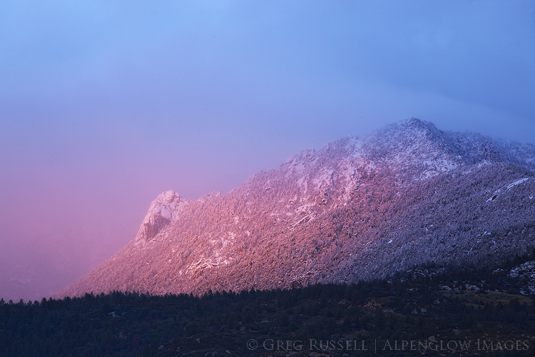 a photo of Tahquitz Rock and Peak at sunset after a winter storm