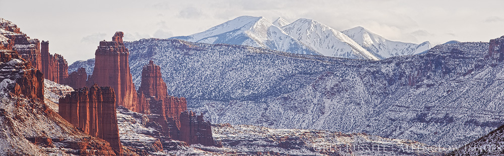 panoramic image of the fisher towers and la sal mountains, Utah