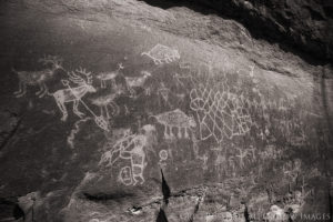 Black and white image of a Navajo (Diné) rock art panel depicting anthropomorphous and other nonhuman figures.